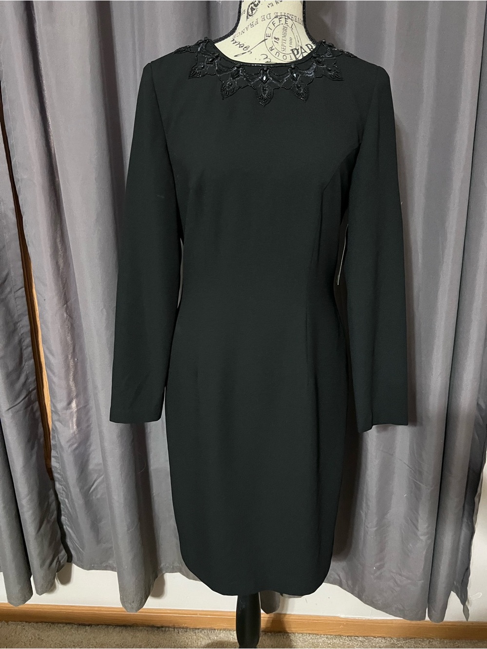 NWT Carole Little Vintage Beaded Neckline Dress Sz 4 Black Long Sleeve Low Back